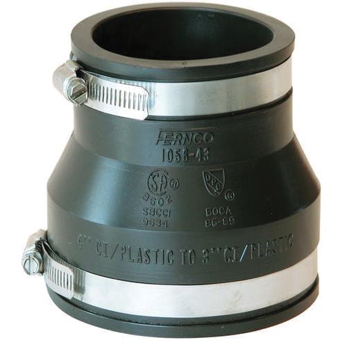 Fernco® 1056 Series 1056-43 Coupling, 4 x 3 in, Cast Iron/Plastic x Cast Iron/Plastic, 4.3 psi, PVC