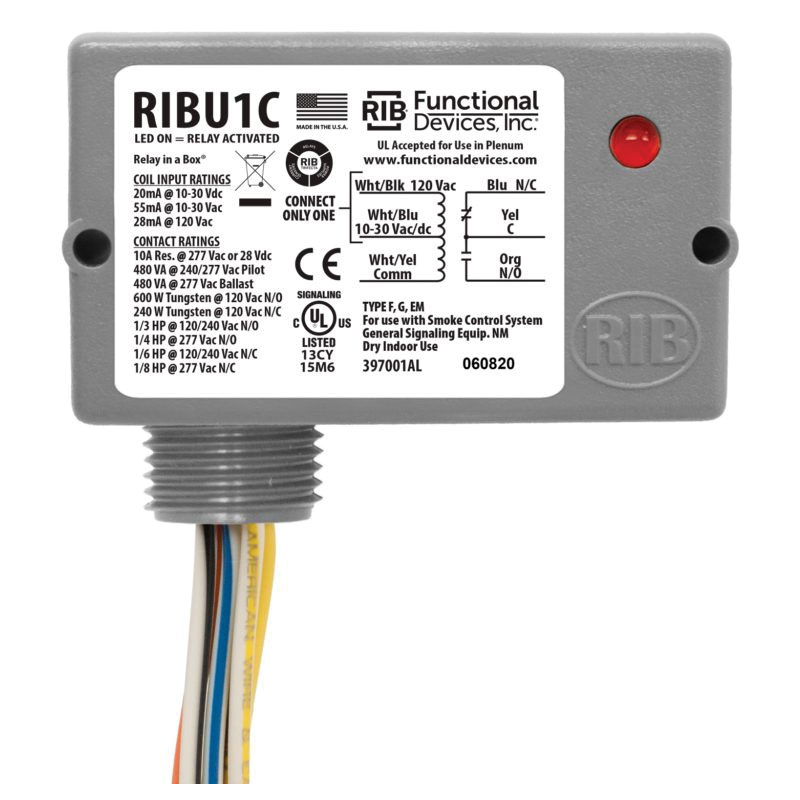 Functional Devices™ RIB RIBU1C Enclosed Relay, 33, 35, 46, 55, 28, 13, 15, 18, 20 mA, SPDT
