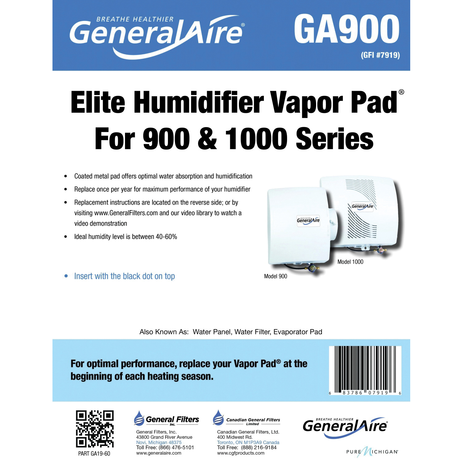 General Filters 7919 Vapor Pad, 9-3/4 in W, 11-7/8 in H, 1-1/2 in Thick, Aluminum