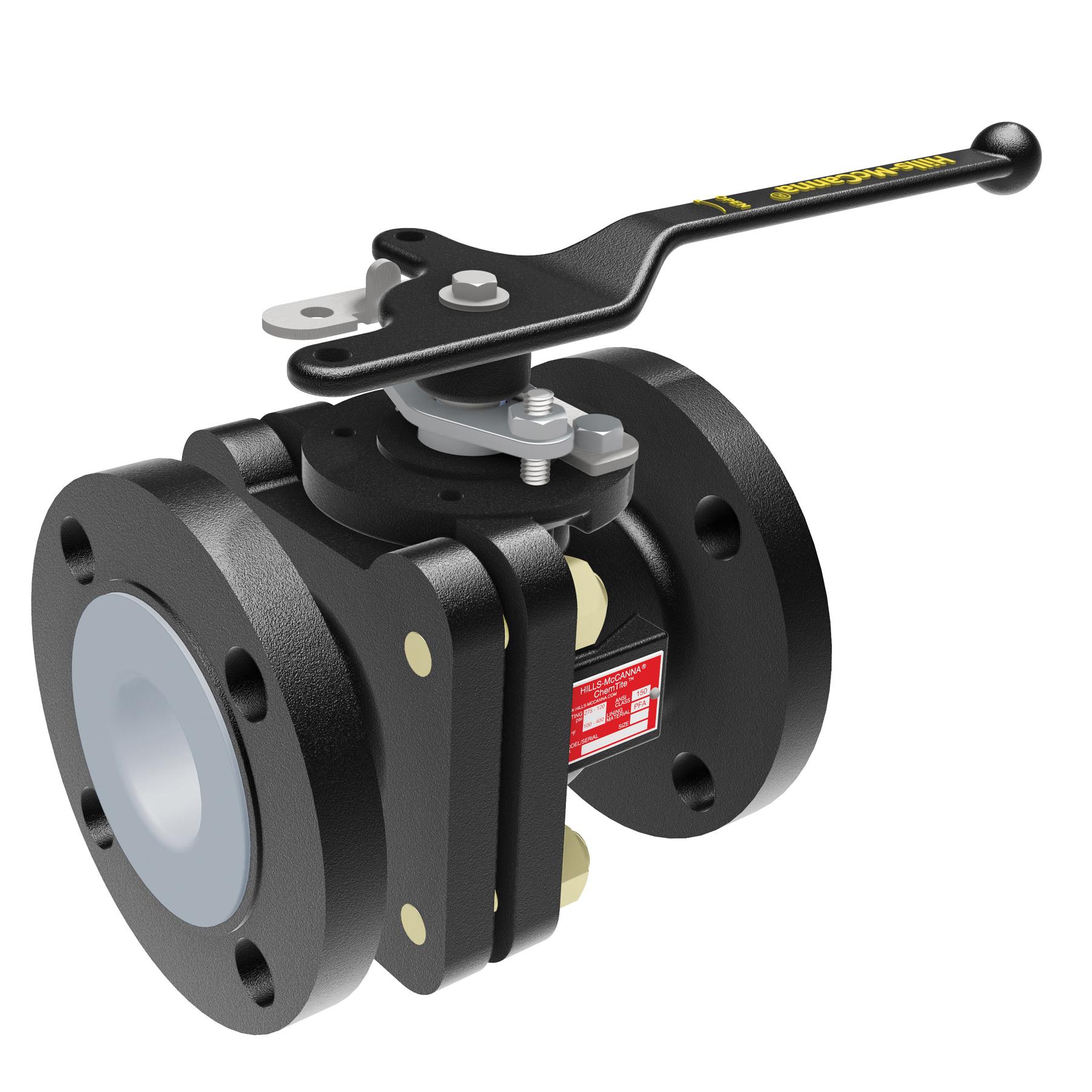 1-1/2 150# FLGD CHEMTITE STANDARD PORT BALL VALVE - PFA LINED - A395 DI BODY - LOCKING LEVER HANDLE #BV-15-A-02-O