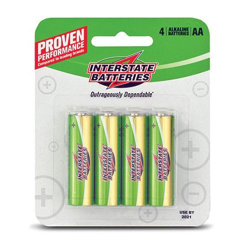 Interstate Batteries DRY0030 AA Alkaline Batteries, 1.5V, 2650mAh; 4/Pack
