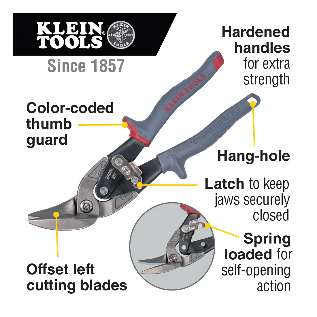 KLEIN TOOLS® 2400L Aviation Snip, Serrated Blade, Left Cut, 1-1/4 in L Cut, Steel Blade, Contoured Handle, Red Handle