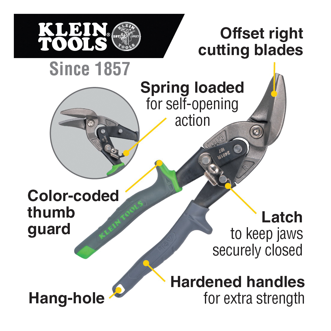 KLEIN TOOLS® 2401R Aviation Snip, Serrated Blade, Right Cut, 1-1/4 in L Cut, Steel Blade, Contoured Handle, Green Handle