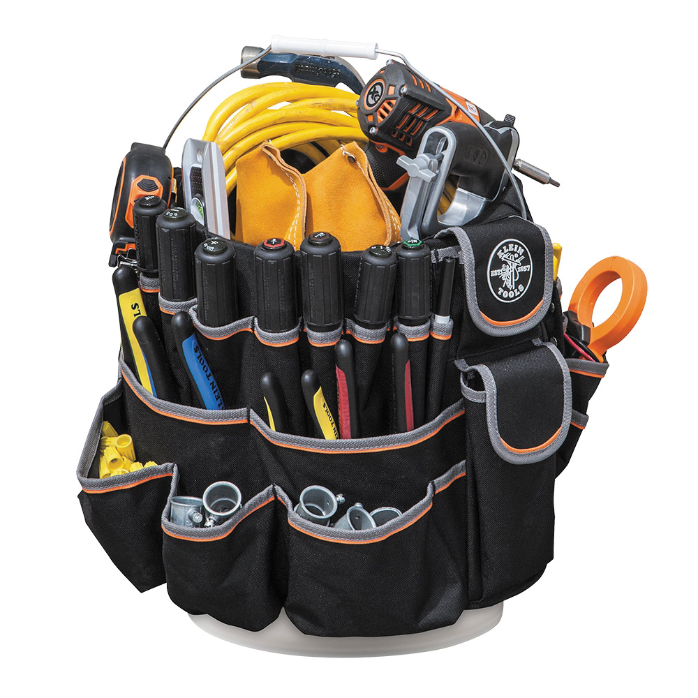 KLEIN TOOLS® Tradesman Pro™ 55448 Bucket Bag, 45 Pockets, Polyester, Black/Gray/Orange, 23 in L x 19 in W x 23 in H thumbnail 4