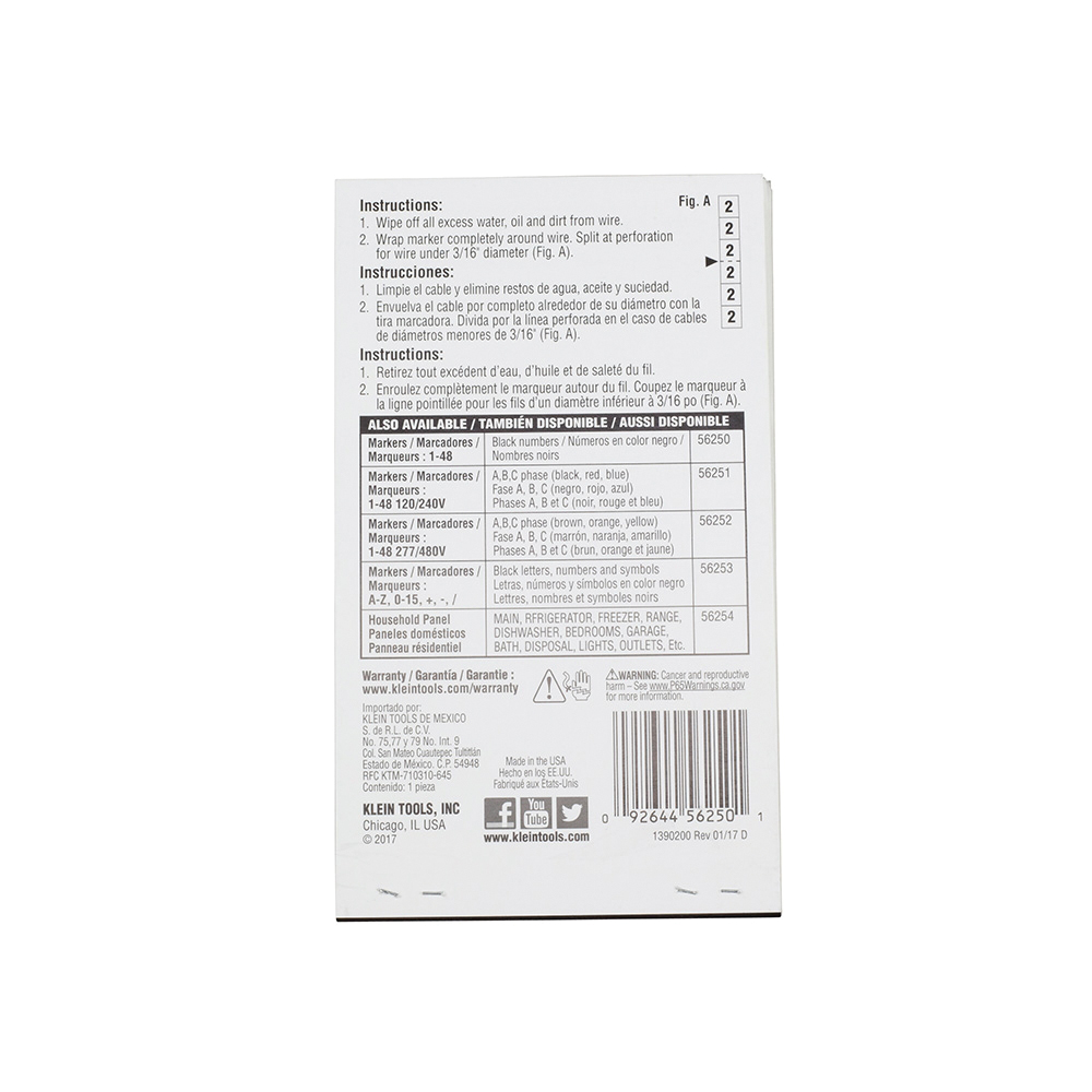 KLEIN TOOLS® 56250 Wire Marker Book, 5-1/2 in H, 3.328 in W, 1 to 48, Cloth, Black Legend, White Background thumbnail 2