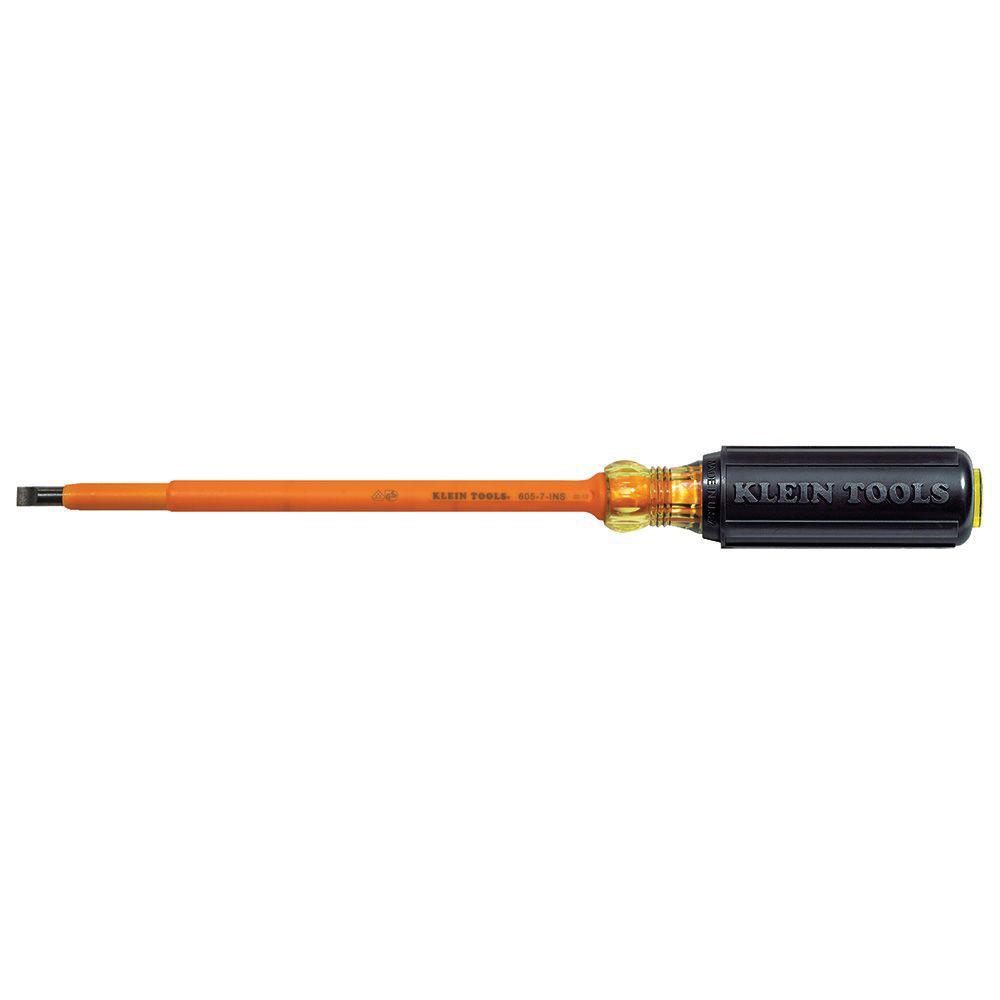 KLEIN TOOLS&reg; 605-7-INS Screwdriver, Cabinet Point, 1/4 in Point, 11-5/16 in OAL, Cushion Handle