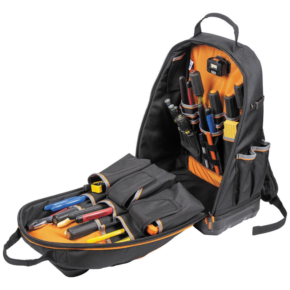 KLEIN TOOLS® Tradesman Pro™ 62800BP Tool Bag Backpack, 11 in W, 20 in H, 40 -Pocket, Zipper Closure, Black/Orange