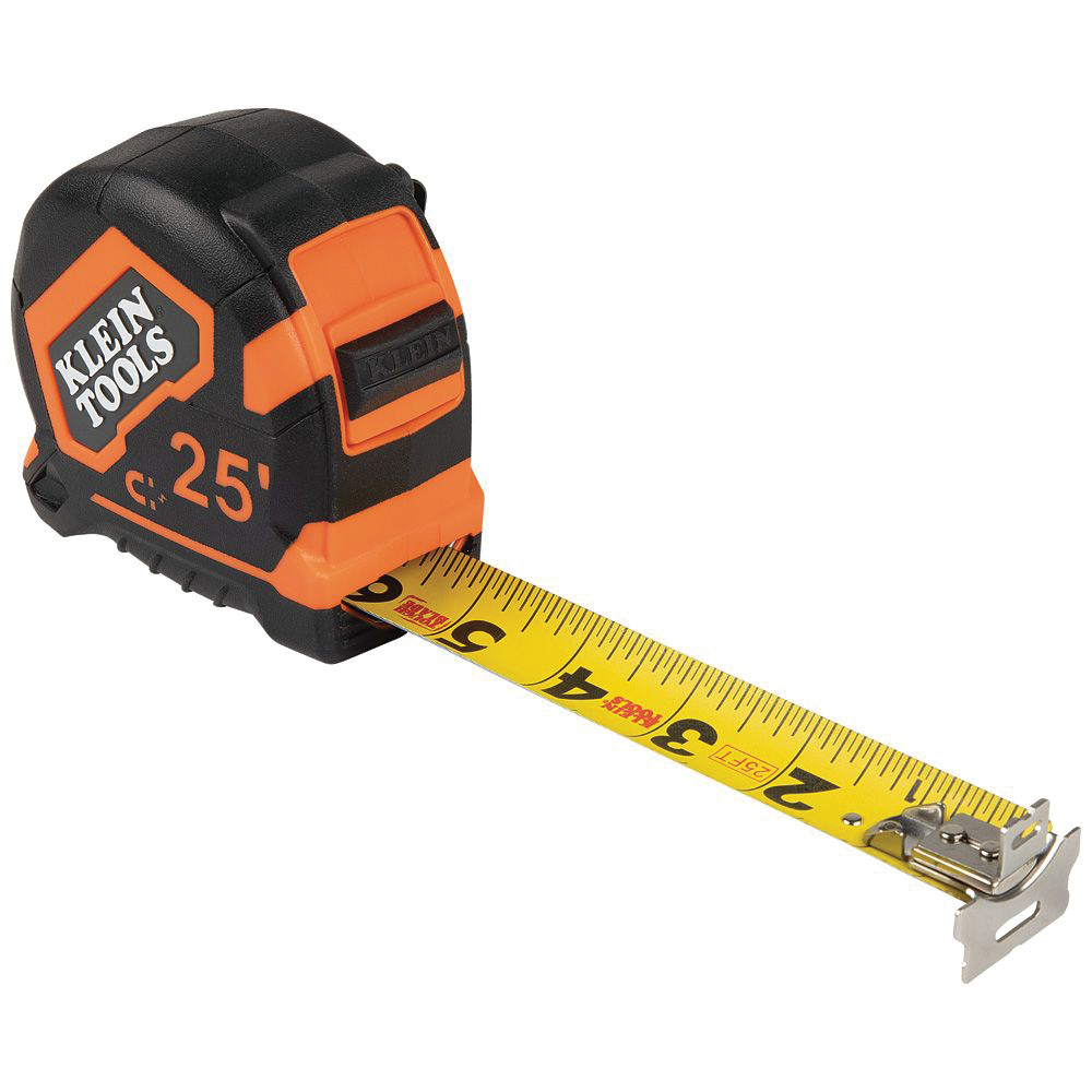 KLEIN TOOLS® 9225 Tape Measure, 25 ft L Blade, Steel Blade, Graduations: 1/16 in Locking, Black/Orange Case