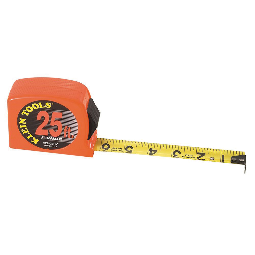 KLEIN TOOLS® 928-25HV Tape Measure, 25 ft L Blade, 1/16 in Graduation, Steel Blade, Toggle Locking, Orange Case