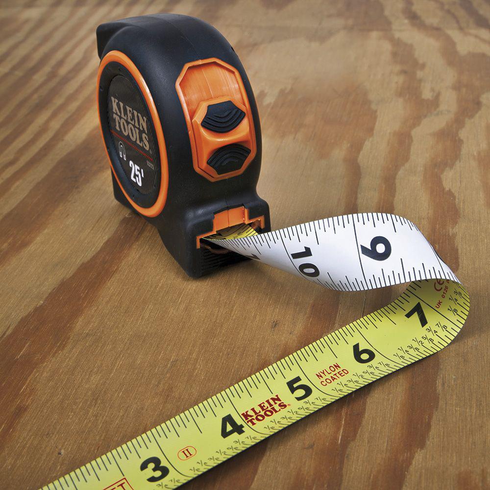 KLEIN TOOLS® 93225 Tape Measure, 25 ft L Blade, 1/16 in Graduation, Steel Blade, Slide Locking, Black/Orange Case