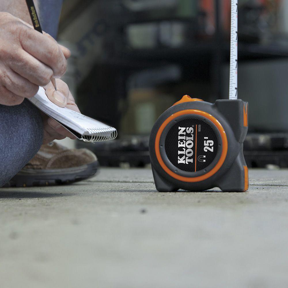 KLEIN TOOLS® 93225 Tape Measure, 25 ft L Blade, 1/16 in Graduation, Steel Blade, Slide Locking, Black/Orange Case