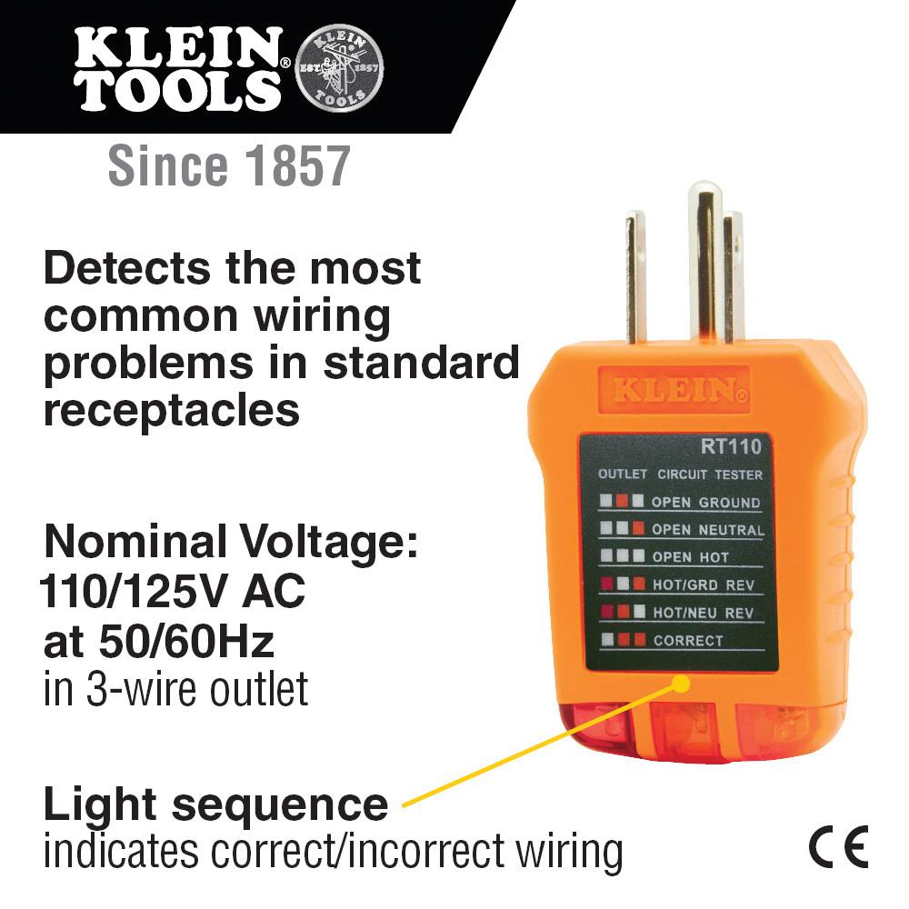 KLEIN TOOLS® RT110 Receptacle Tester, 110/125 V, 50/60 Hz, 1.62 in L x 1.88 in W x 2.88 in H