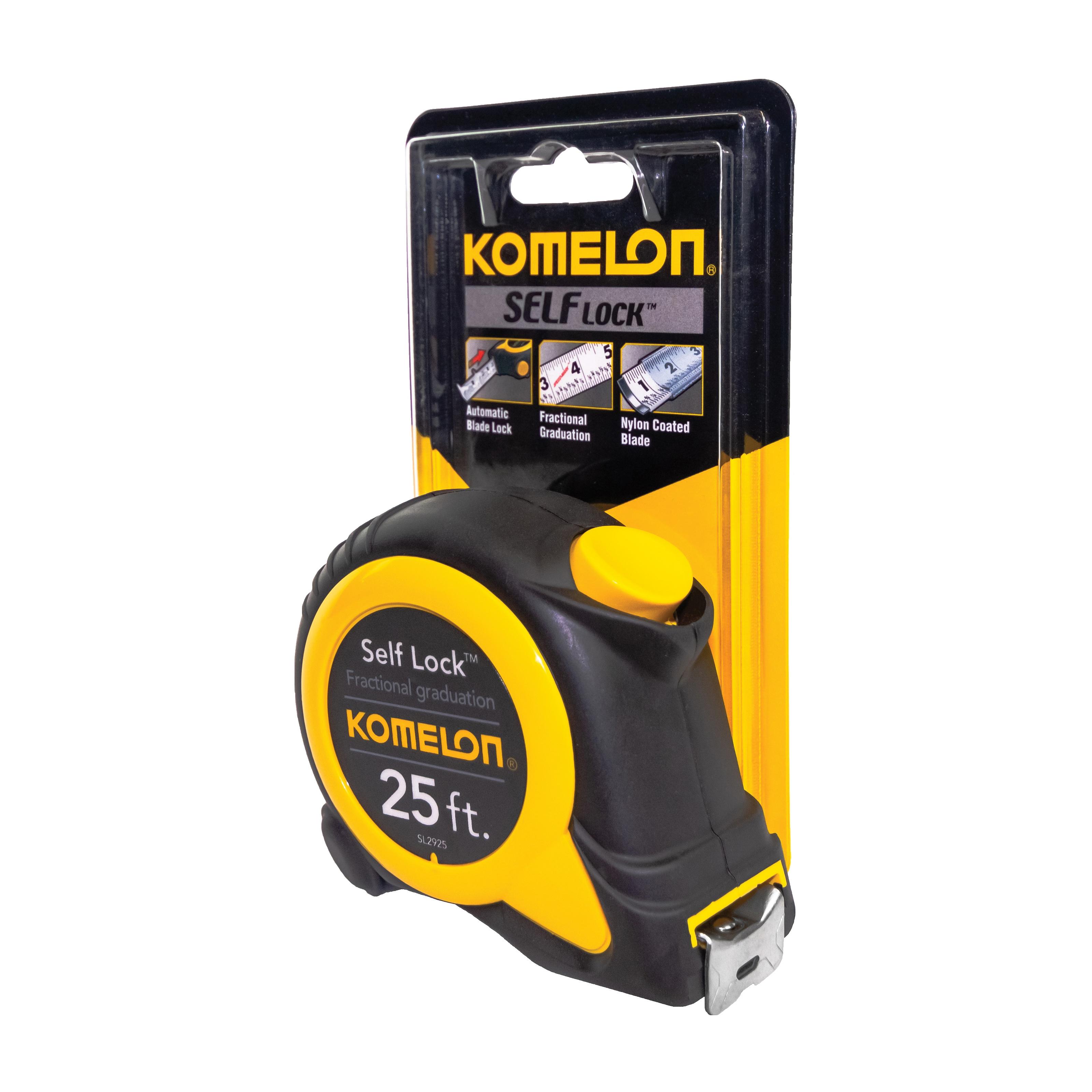 Komelon Self Lock Speed Mark 25 Ft x 1 inch Nylon Coated Steel Blade Tape Measure with Push Button Return