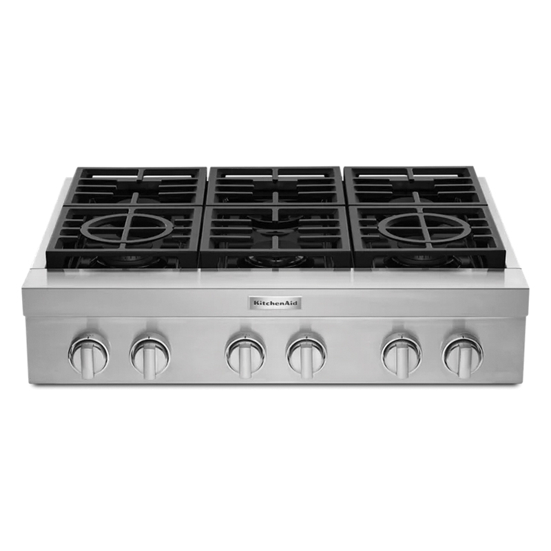 KitchenAid® KCGC506JSS Commercial-Style Gas Cooktop, 35-3/4 in OAW, 27-7/8 in OAD, 20000 Btu/hr BTU, 6 -Burner