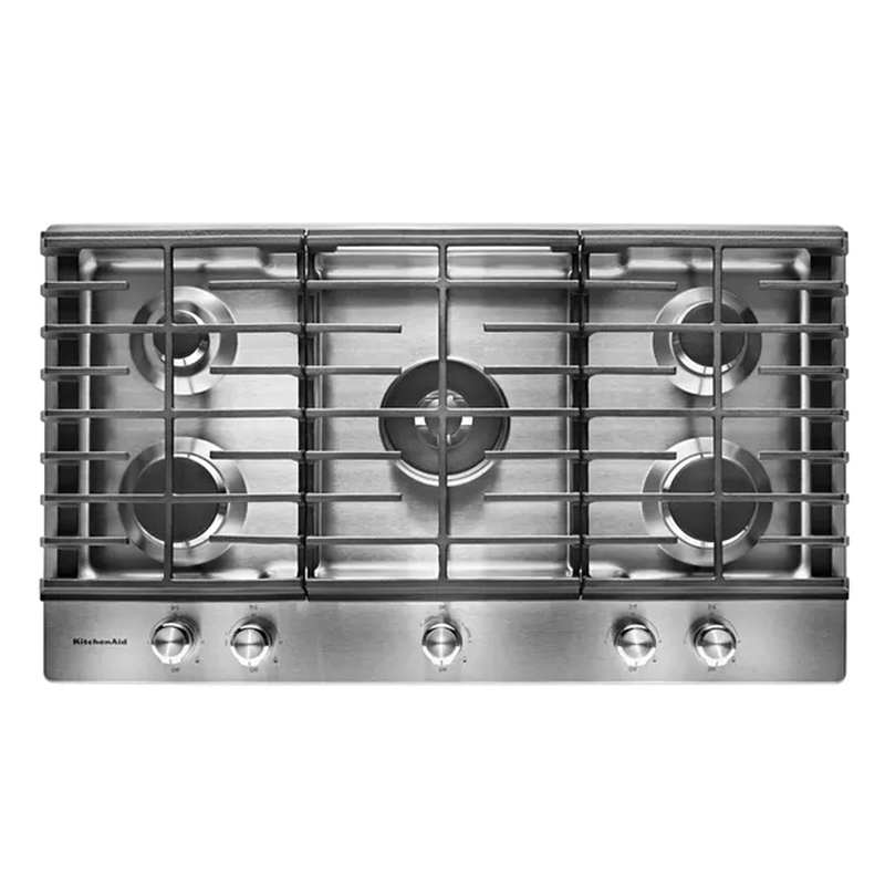 KitchenAid® KCGS556ESS Gas Cooktop, 36 in OAW, 21 in OAD, 20000 Btu/hr BTU, 5 -Burner, Knobs Control, Stainless Steel