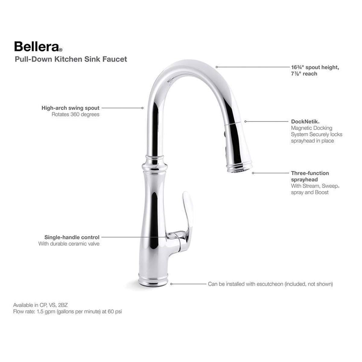 Kohler® Bellera® K-560-CP Kitchen Faucet, Pull-Down, Polished Chrome thumbnail 2