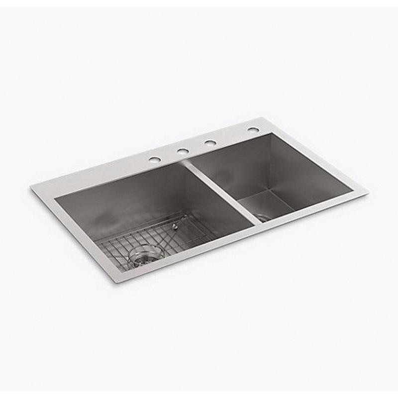 Kohler® Vault™ K-3823-4-NA Large/Medium Kitchen Sink, Rectangular, 4 -Hole, Stainless Steel