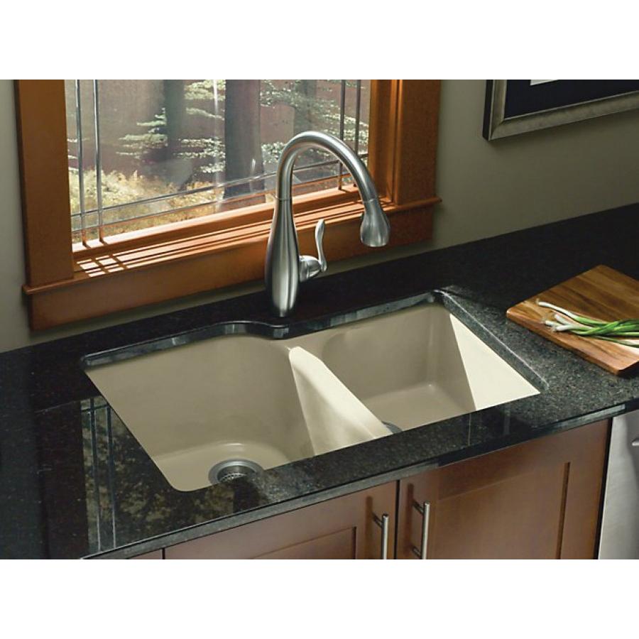 Kohler® Executive Chef™ K-5931-4U-96 Large/Medium Kitchen Sink, Rectangular, 4 -Hole, Cast Iron, Biscuit, Enamel