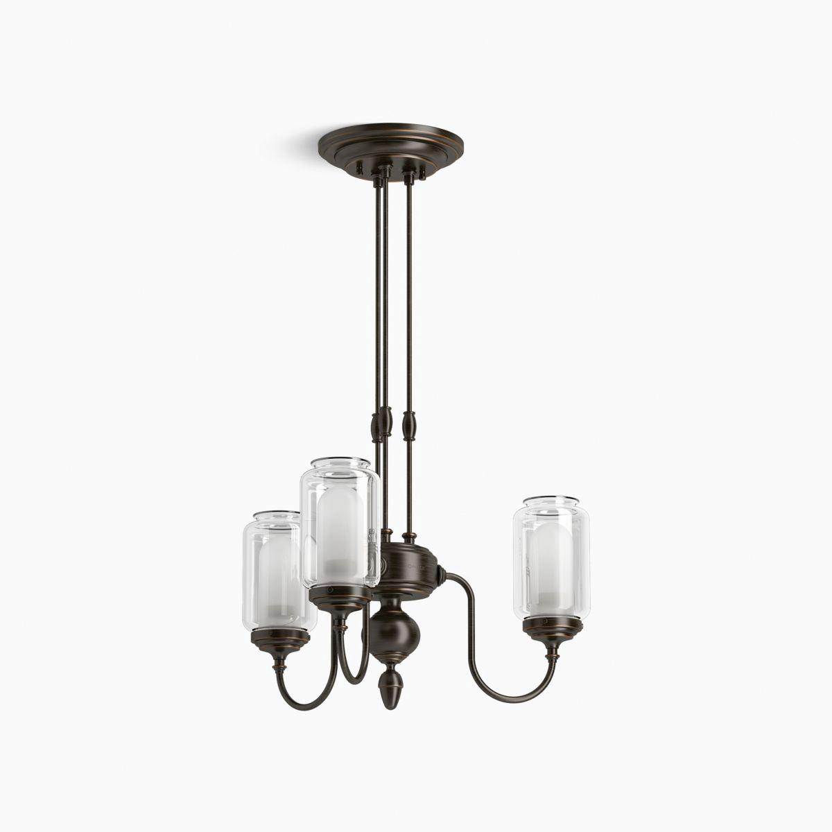 Kohler® Artifacts® K-22657-CH03-BZL Chandelier, 120 W Fixture, 120 V, 3-Bulb, 1200 Lumens, 3000 K, Frosted Lens