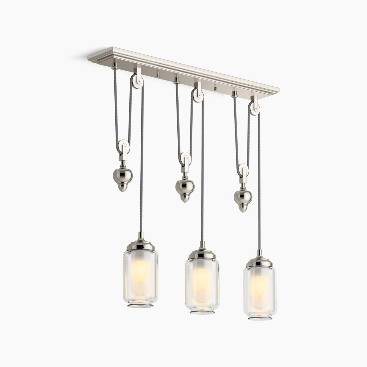 Kohler® Artifacts® K-22659-CH03-SNL Linear Chandelier, 120 W Fixture, 120 V, 3-Bulb, 1200 Lumens, 3000 K