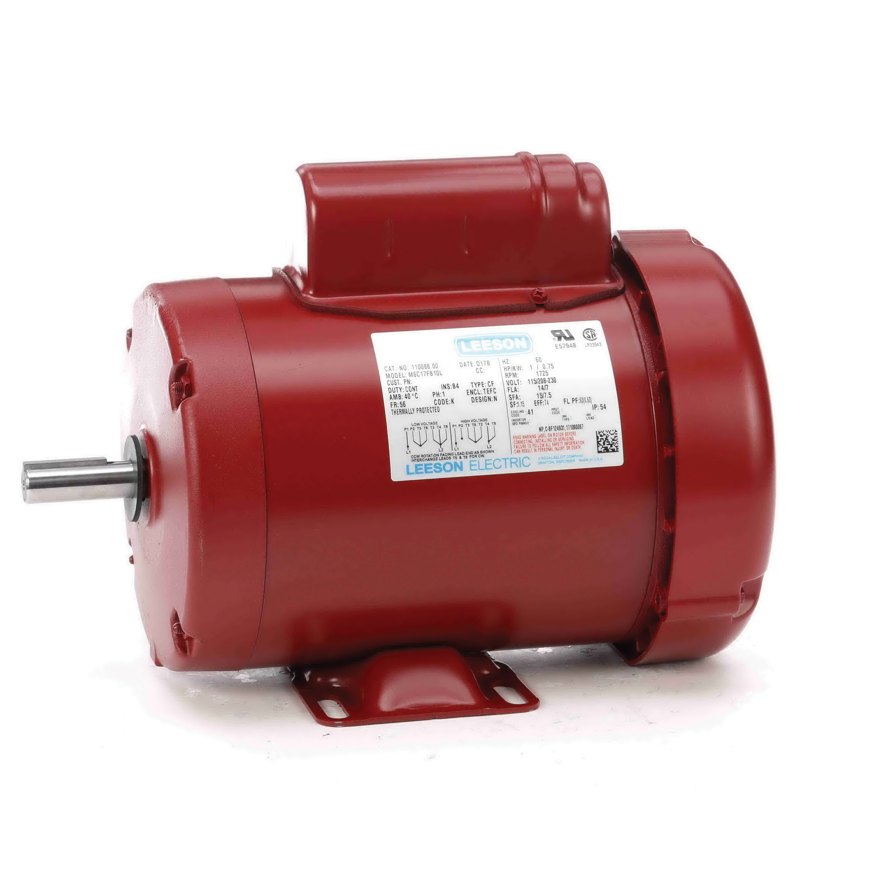 LEESON® 110088.00 Agricultural Motor, 115/208 to 230 V, 14 A, 7 to 7.1 A, 0.75 kW, 1 hp, 1725 rpm Speed, 60 Hz, 56 Frame