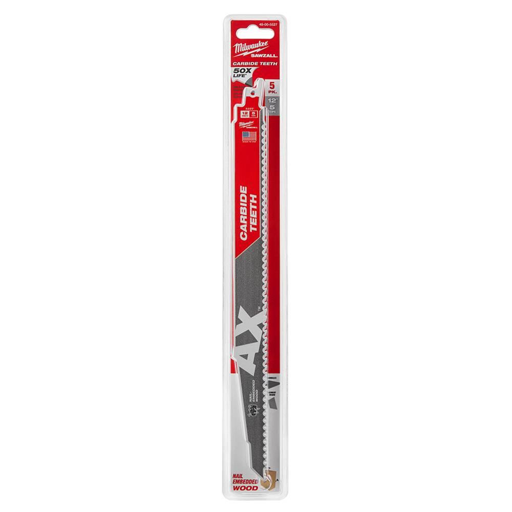 Milwaukee® Sawzall AX 12 inch L x 1 inch W x 0.05 inch T 5 TPI Carbide Tipped Reciprocating Saw Blade; 5 pack