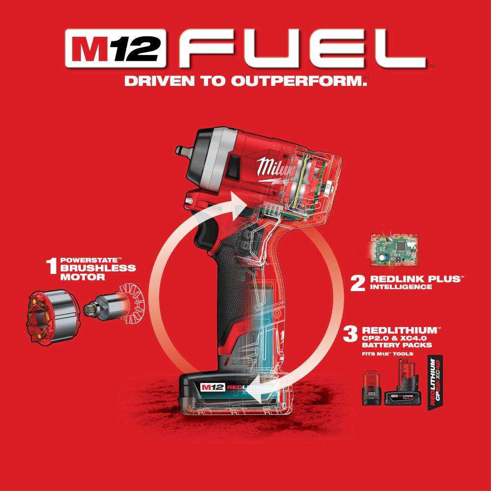 Milwaukee® M12 Fuel 12V Lithium-Ion Straight Drive Stubby Impact Wrench Kit thumbnail 2