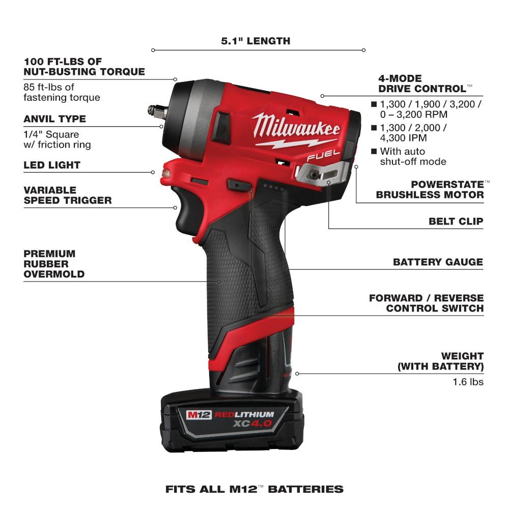 Milwaukee® M12 Fuel 12V Lithium-Ion Straight Drive Stubby Impact Wrench Kit