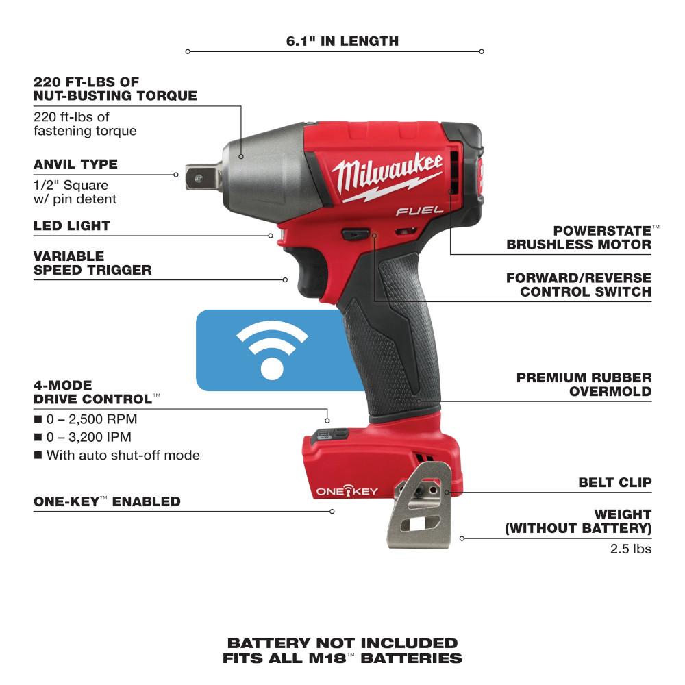 Milwaukee® M18 Fuel Compact Cordless Impact Wrench With Pin Detent, 1/2 in Straight Drive, 0 to 3200 ipm, 18 V (Bare Tool) thumbnail 3