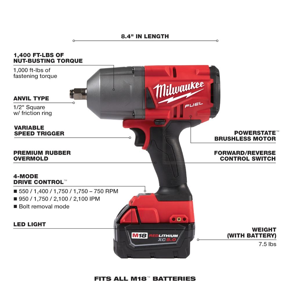 Milwaukee® M18™ 2767-22 Cordless Impact Wrench, Tool/Kit: Kit, 1/2 in Drive, Square Drive, 1000 ft-lb, 0 to 2100 ipm