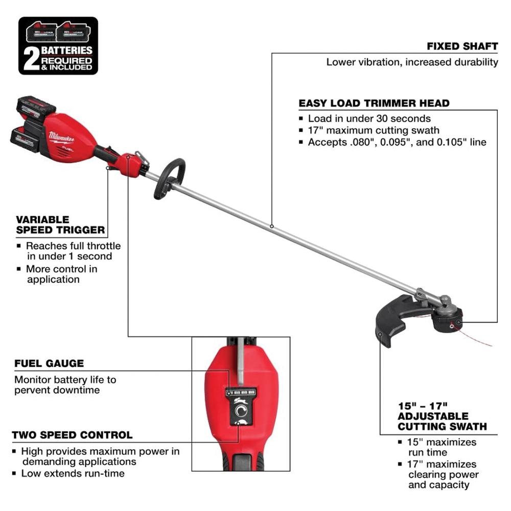 Milwaukee® M18 FUEL™ 3006-22 Dual Battery String Trimmer Kit, 15 to 17 in W Cutting, 36 V, REDLITHIUM™ Battery, 8 Ah thumbnail 3