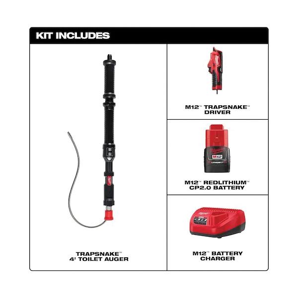 Milwaukee® M12™ TRAPSNAKE™ 3574-21 Urinal Auger, 1-1/4 to 2 in Drain Line, 3/8 in Dia Cable, 4 ft L Cable thumbnail 4