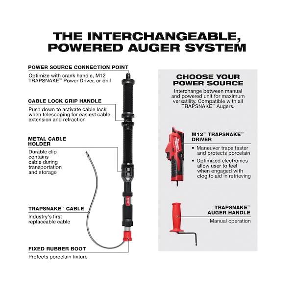 Milwaukee® M12™ TRAPSNAKE™ 3574-21 Urinal Auger, 1-1/4 to 2 in Drain Line, 3/8 in Dia Cable, 4 ft L Cable