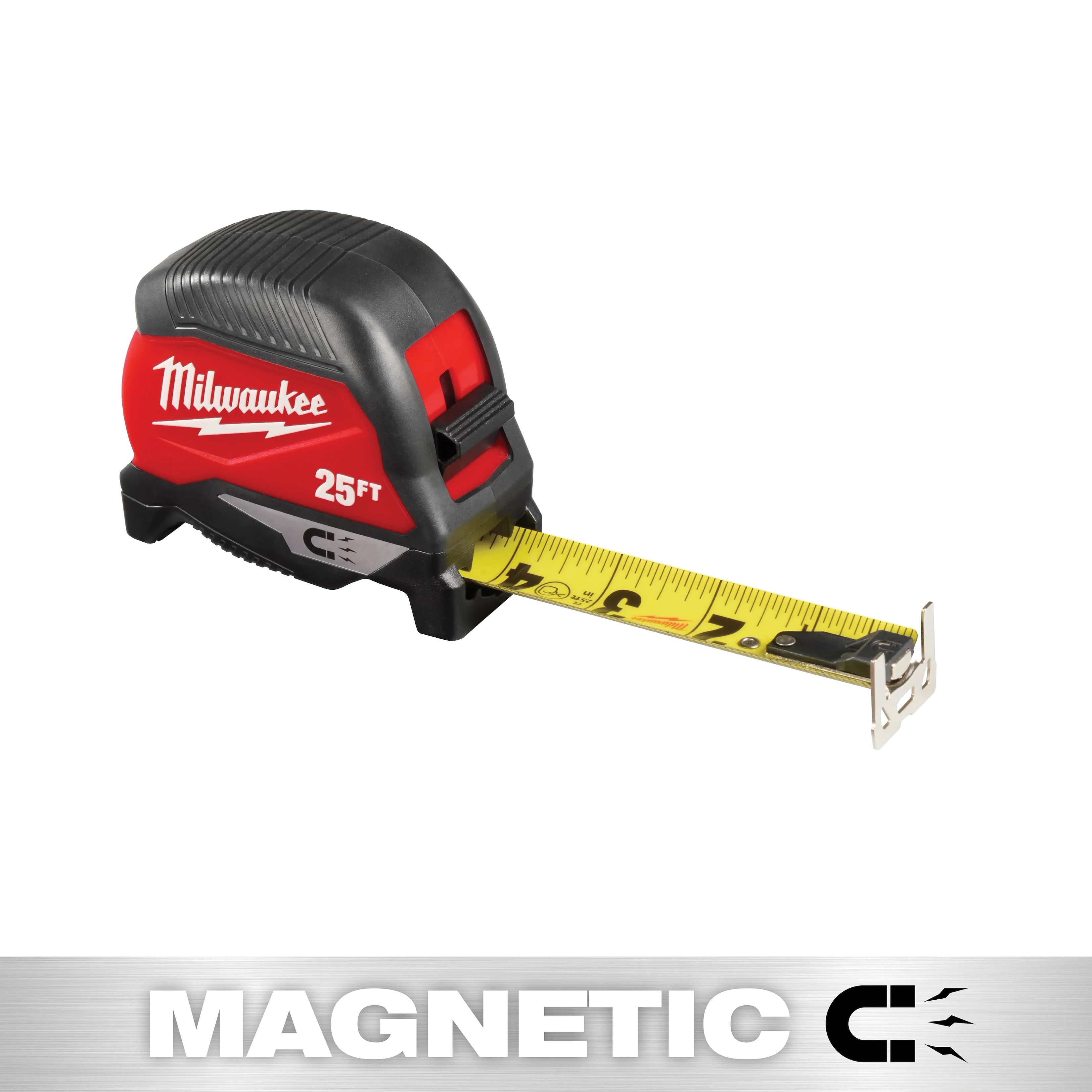 Milwaukee® 48-22-1025M Magnetic Tape Measure, 25 ft L Blade, 1/16 in Graduation, Steel Blade