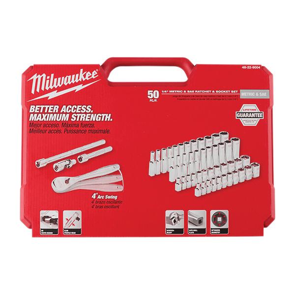Milwaukee® 48-22-9004 Ratchet and Socket Set, 1/4 in Drive, System of Measurement: Imperial, Metric, 50 -Piece thumbnail 2