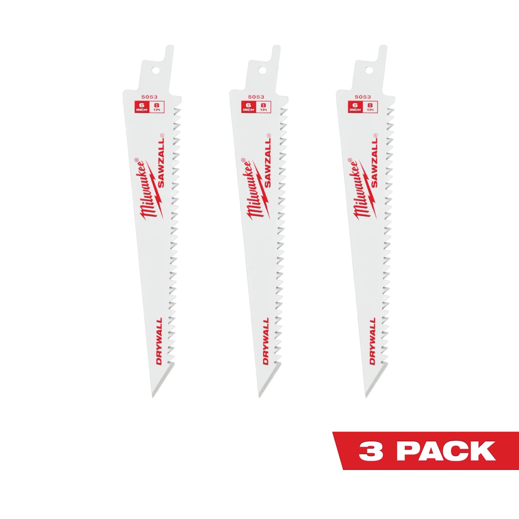 Milwaukee® 8TPI Sawzall Drywall Reciprocating Saw Blade, 6 in L, 3/Pack thumbnail 3