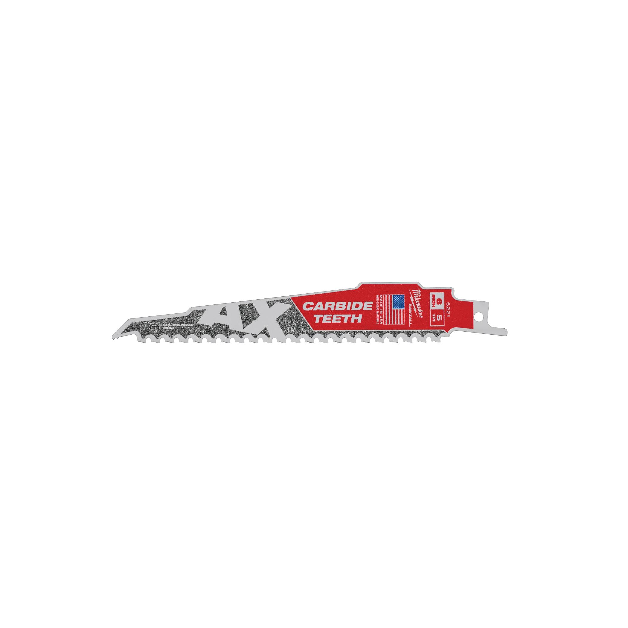 Milwaukee® THE AX™ SAWZALL® 48-00-5221 Reciprocating Saw Blade, 6 in L, 1 in W, Fang Tip Teeth, Fast, Straight Cut thumbnail 2