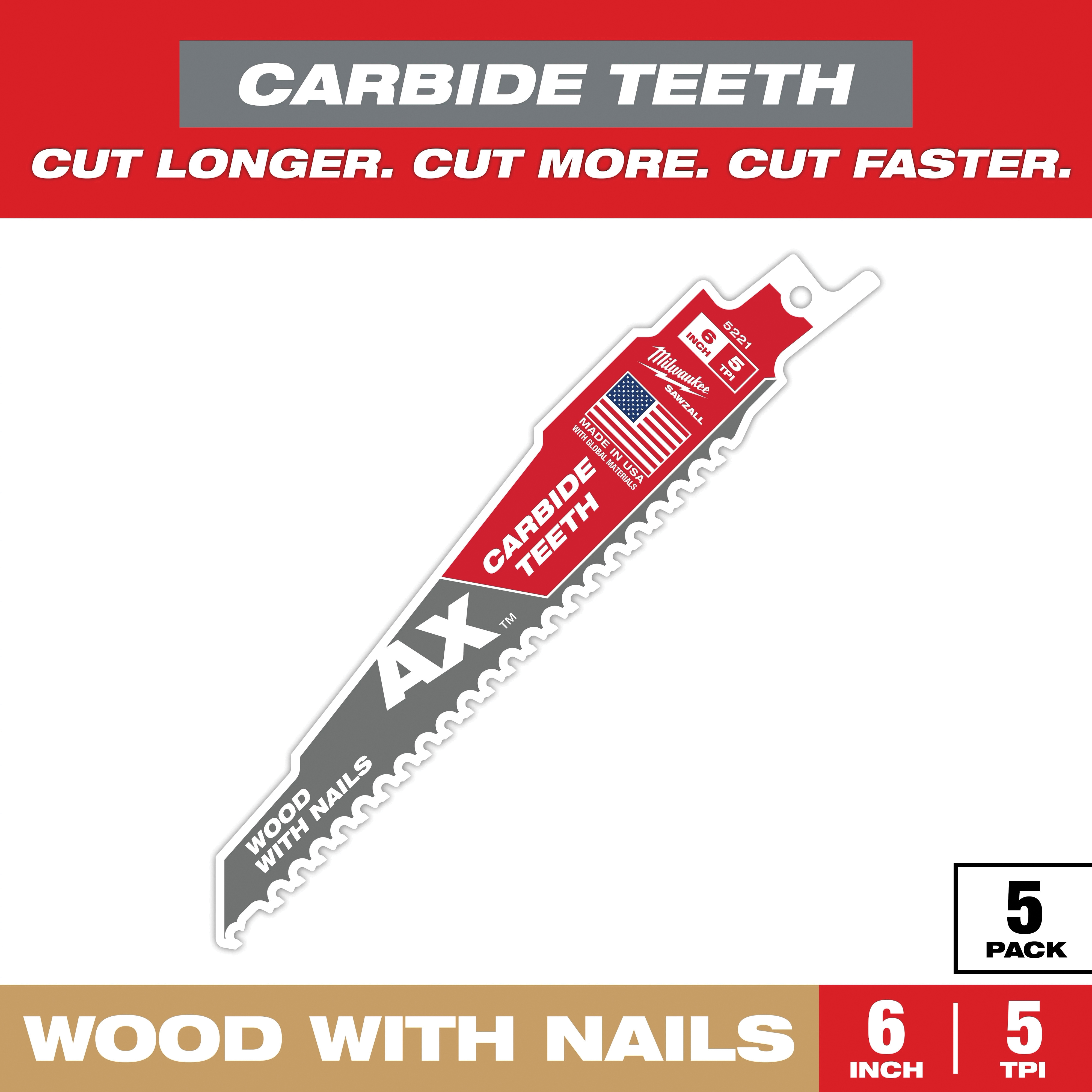 Milwaukee® Sawzall AX 6 inch L x 1 inch W x 0.05 inch T 5 TPI Carbide Tipped Reciprocating Saw Blade; 5/Pack thumbnail 2