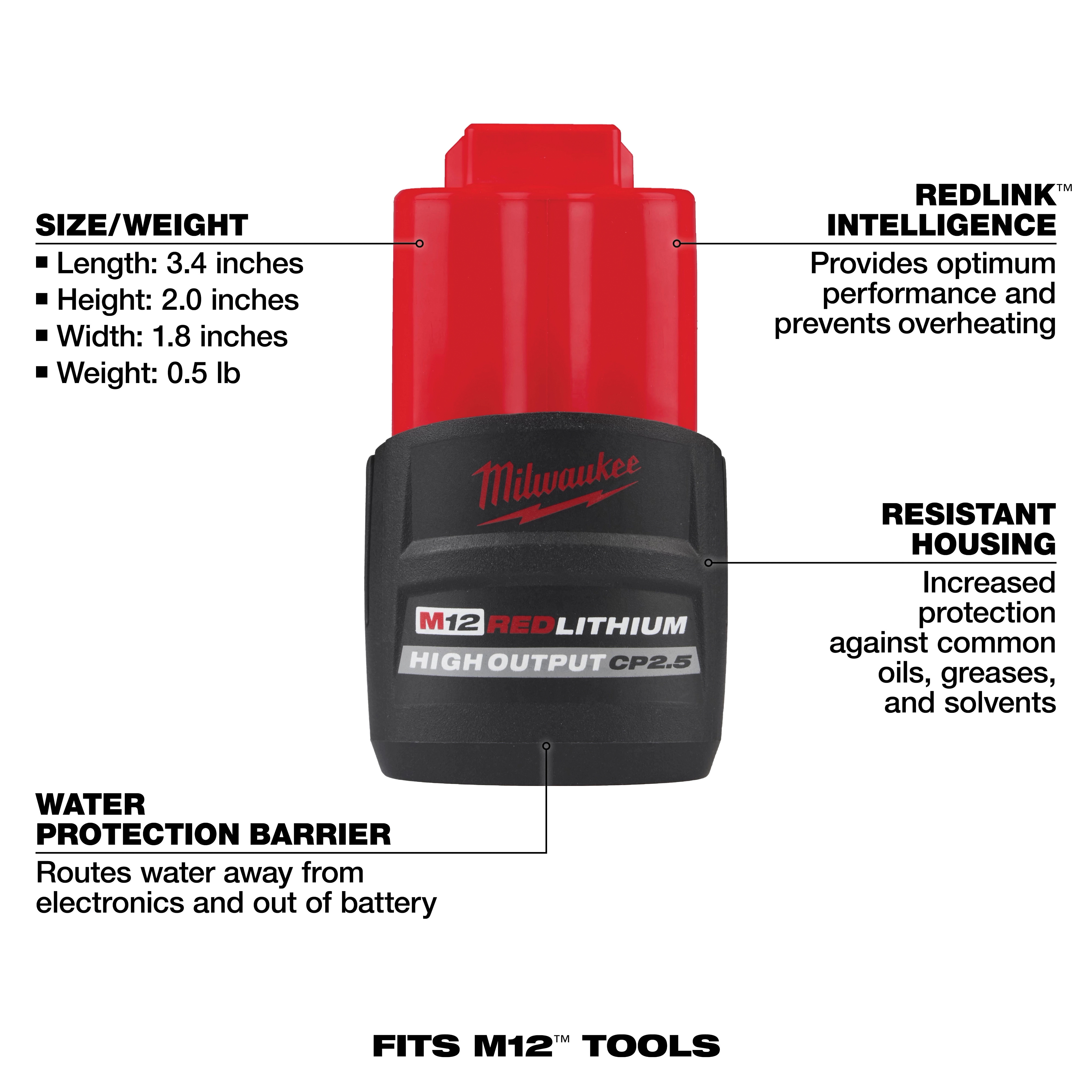 Milwaukee® 48-11-2425 Battery Pack, 12 V, 2.5 Ah Battery Capacity, Lithium-Ion Battery Chemistry