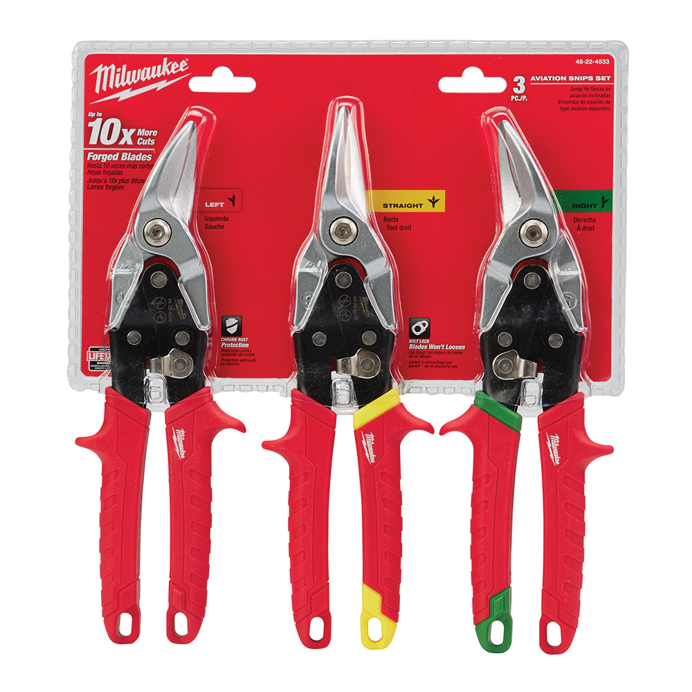Milwaukee® 48-22-4533 Aviation Snip Set, 10 in OAL, 5 in L Cut, Left, Right, Straight Cut, Forged Steel Blade, 3-Piece
