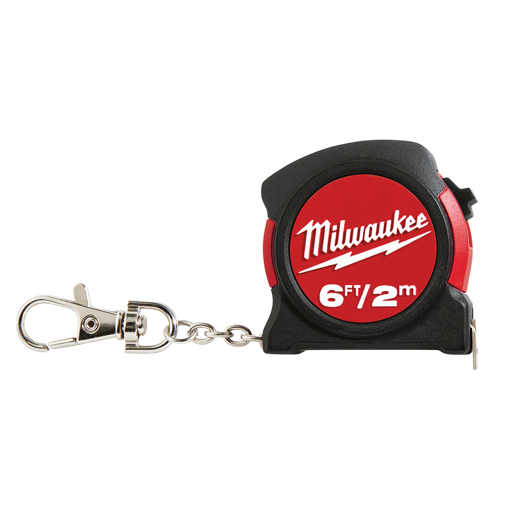 Milwaukee® 48-22-5506 Keychain Tape Measure, 6 ft L Blade, 1/16 in, 1 mm Graduation, Steel Blade, Toggle Locking
