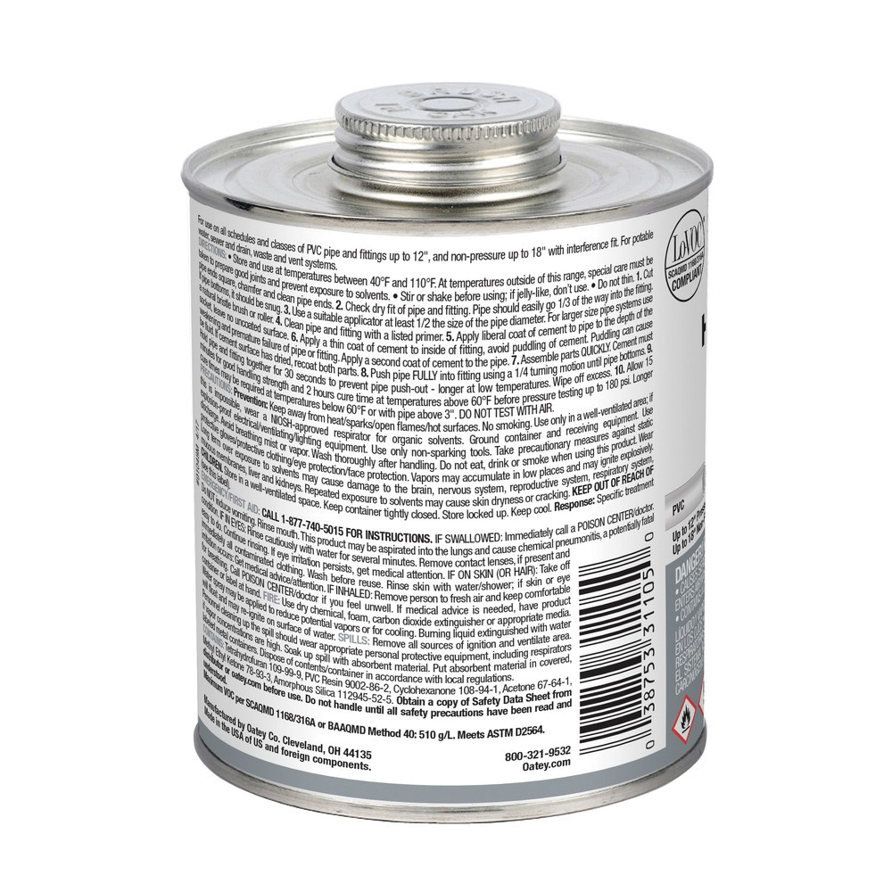 Oatey® 31105 Heavy Duty PVC Cement, 32 oz Cartridge, Gray