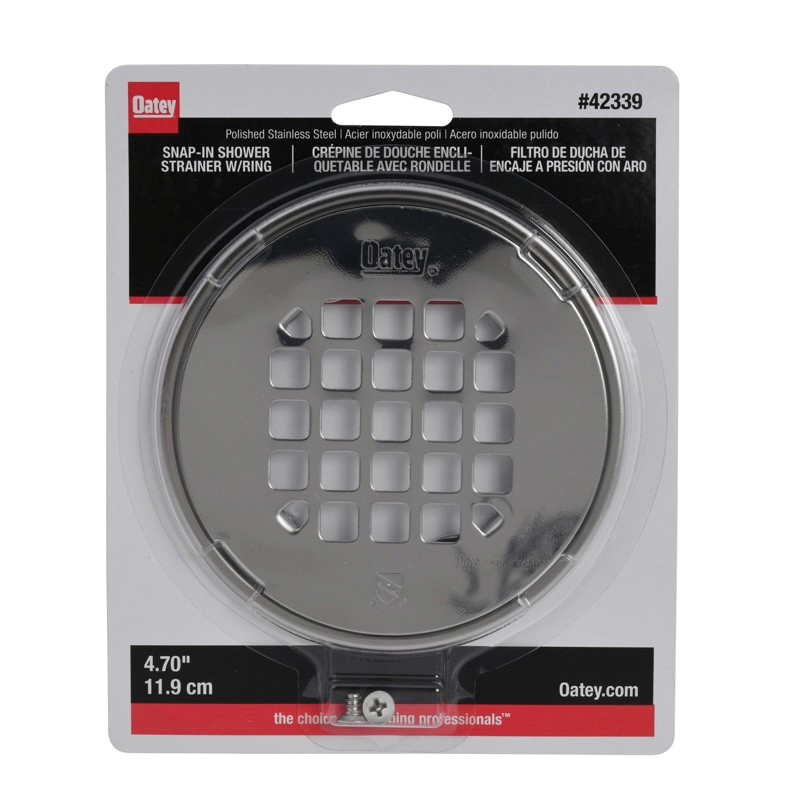 Oatey® 130 Series 7 gpm 4.7 inch dia 18 ga 304 Stainless Steel Round Snap-In 1/4 Turn Shower Strainer with Ring, Polished Stainless Steel; 4/Case