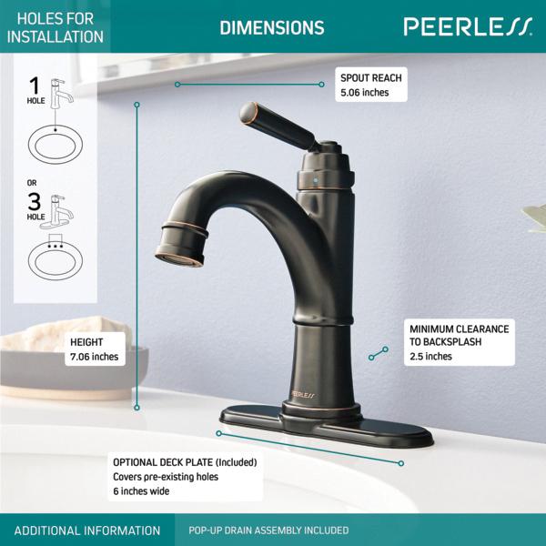 PEERLESS® Westchester® P1523LF-OB Bathroom Faucet, 1-Handle, Deck, Single-Handle, Push Pop-Up, Oil-Rubbed Bronze thumbnail 2