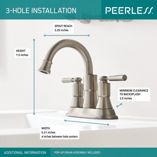PEERLESS® Westchester® P2523LF-BN Bathroom Faucet, 2-Handle, Deck, Single-Hole, Push Pop-Up, Brushed Nickel thumbnail 2