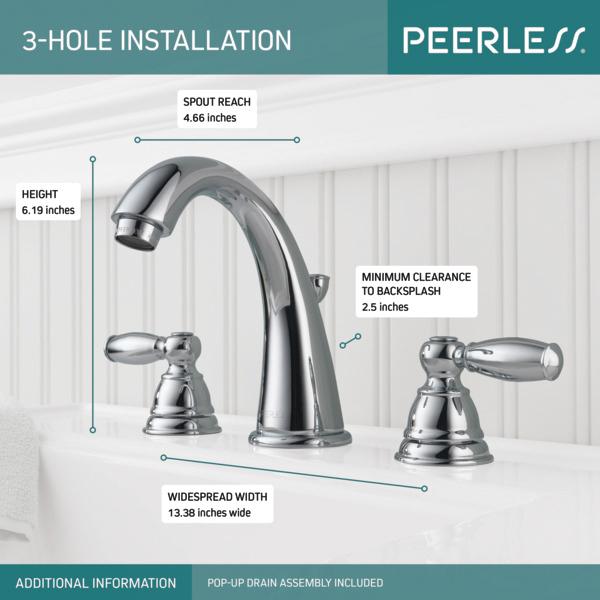 PEERLESS® Claymore® P299196LF Bathroom Faucet, 2-Handle, Deck, Widespread, Pop-Up, Chrome
