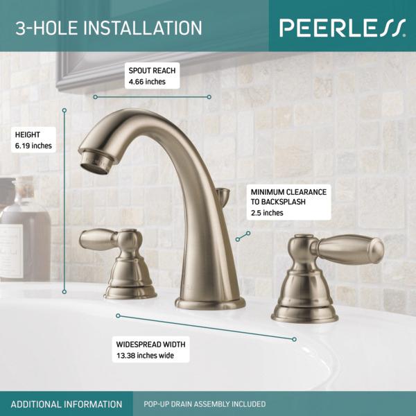 PEERLESS® Claymore® P299196LF-BN Bathroom Faucet, 2-Handle, Deck, Widespread, Pop-Up, Brushed Nickel thumbnail 4