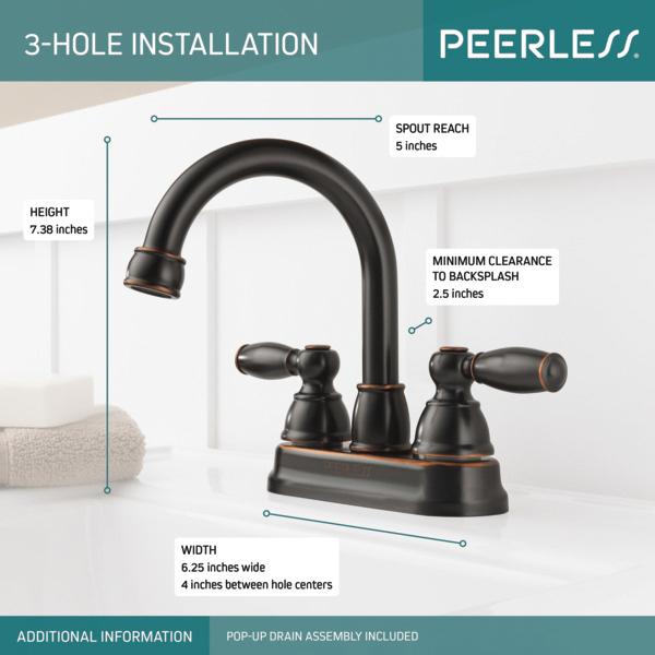 PEERLESS® Claymore® P299685LF-OB Bathroom Faucet, 2-Handle, Deck, Centerset, Push Pop-Up, Oil-Rubbed Bronze