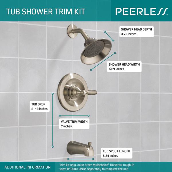 PEERLESS® Claymore® PTT188790-BN Tub and Shower Trim Kit, Metal, Brushed Nickel, 1-Handle -Handle, 1.75 gpm thumbnail 2