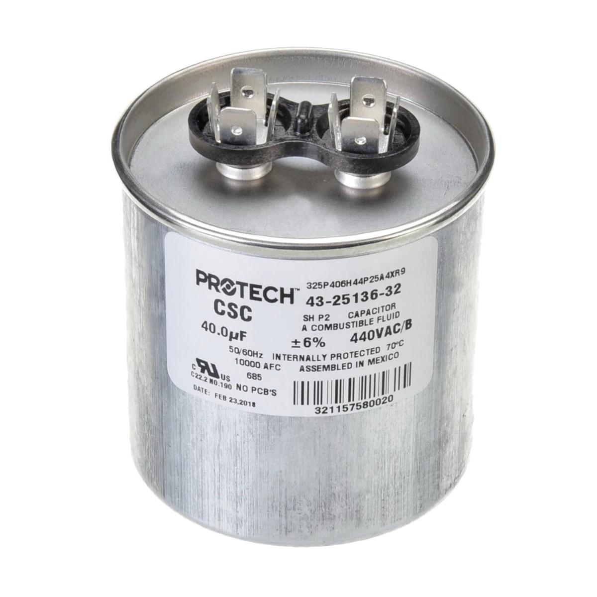 Protech Single Round Run Capacitor, 40 MFD, 440VAC
